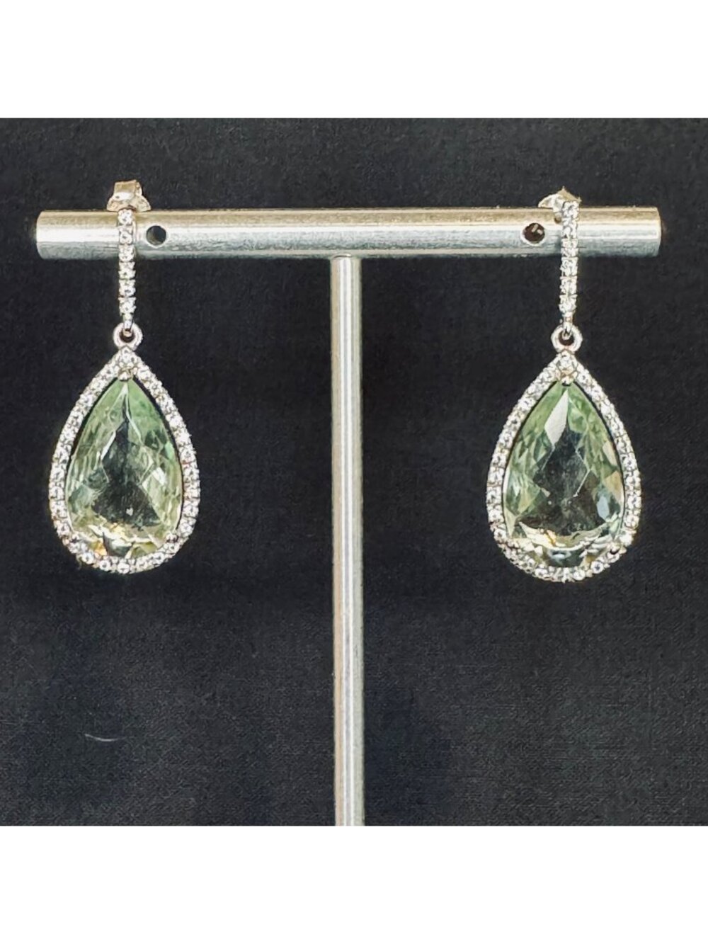 VTG Sterling Silver 925 Pale Green Quartz & CZ Dangle Earrings Size 1.5" Length
